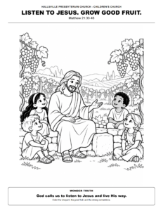 Jesus teaching children in a vineyard coloring sheet preview